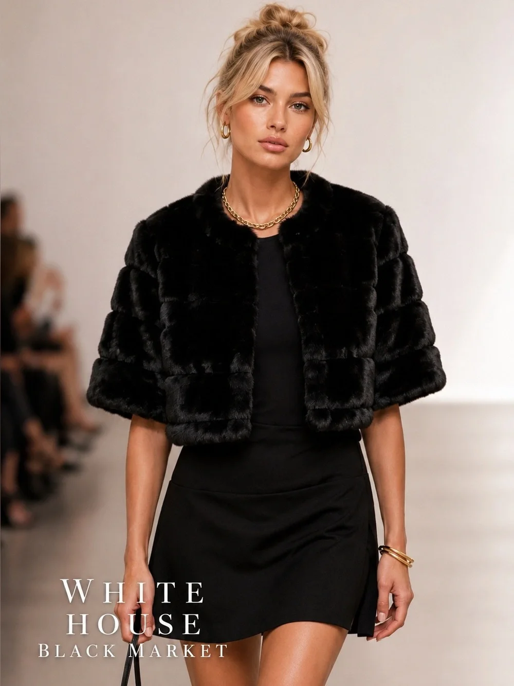 🌸White House Black Market Black Faux Fur Crop Bolero Jacket sizeM Glam Evening